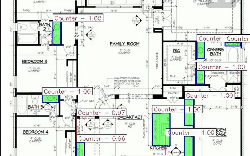 Blueprint with segmented countertops highlighted