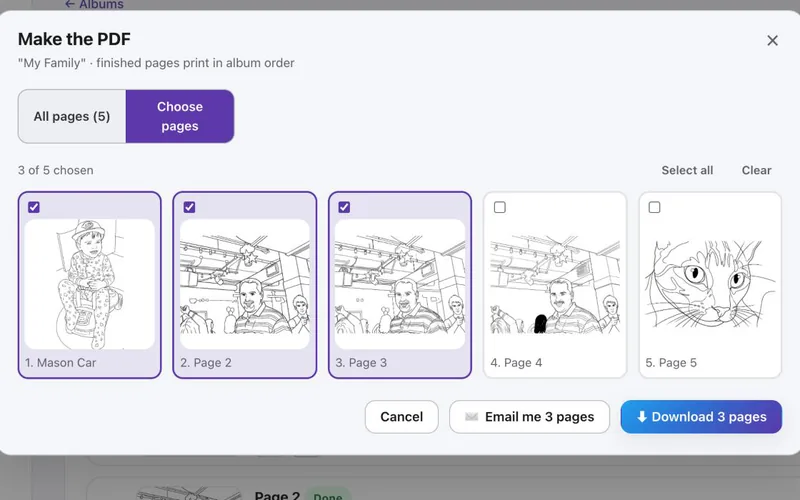colorFluff album PDF dialog with coloring pages chosen to print