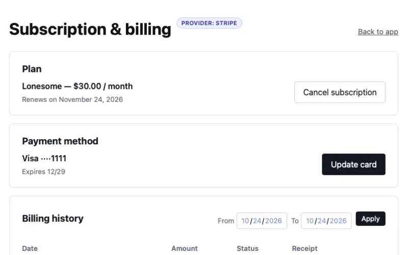 Billing dashboard with plan, payment method, and billing history