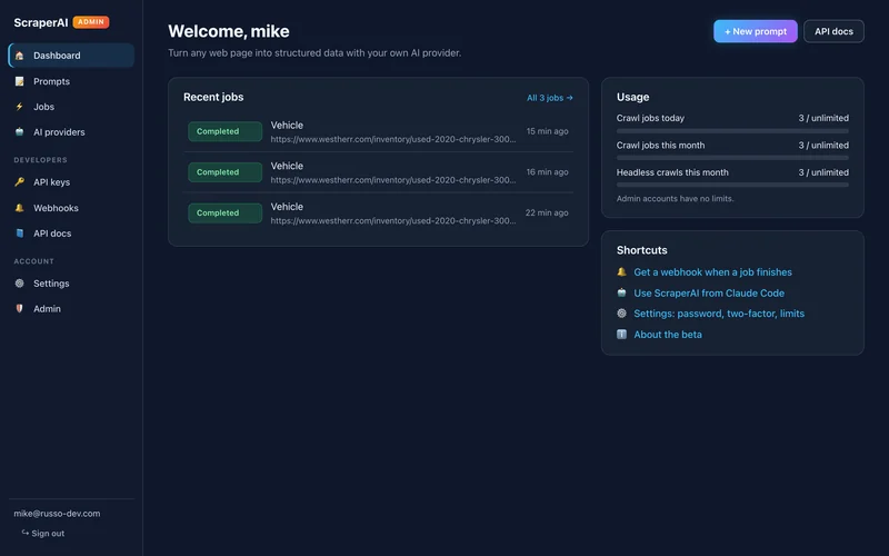 ScraperAI dashboard with recent jobs and usage