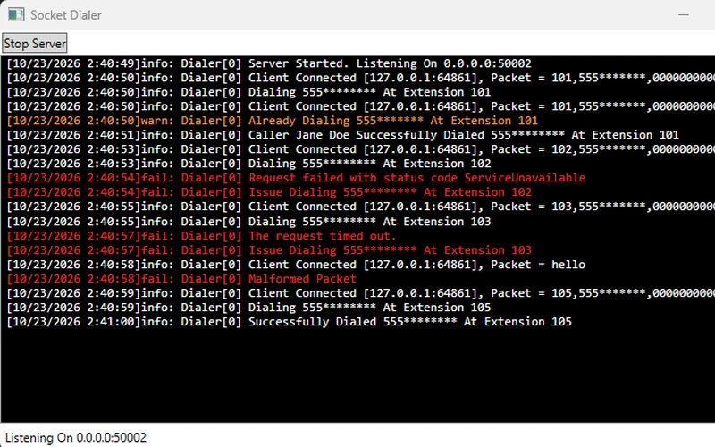 SocketDialer live log of incoming dial packets and call results