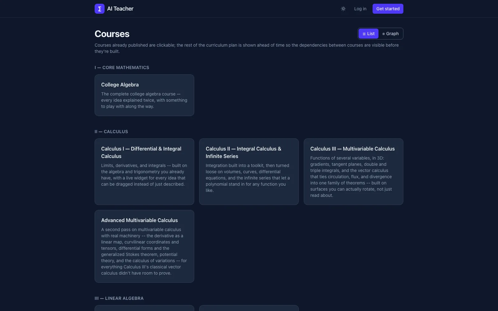 AI Teacher course catalog grouped into parts — Core Mathematics, Calculus, Linear Algebra — showing published and planned courses