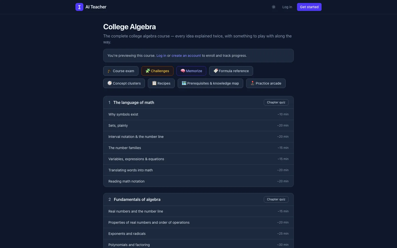 College Algebra course tree showing numbered chapters expanded into a list of sections with time estimates