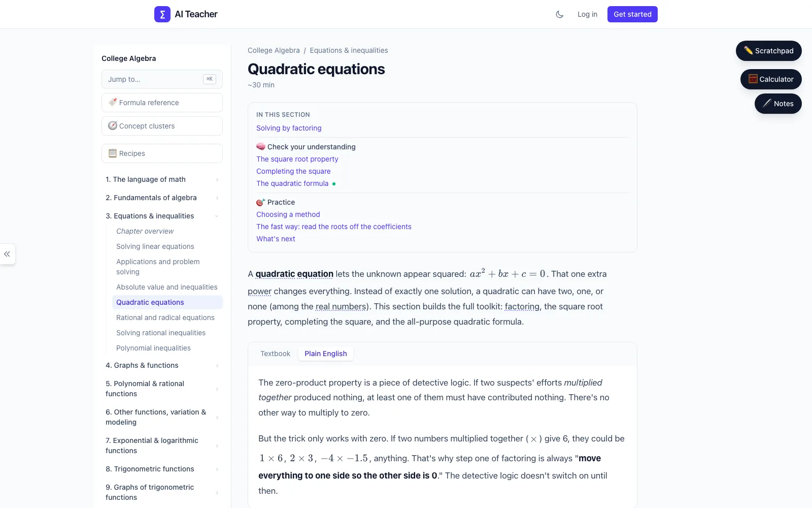 A lesson in Plain English mode in light theme, explaining the zero-product property through a detective-logic analogy