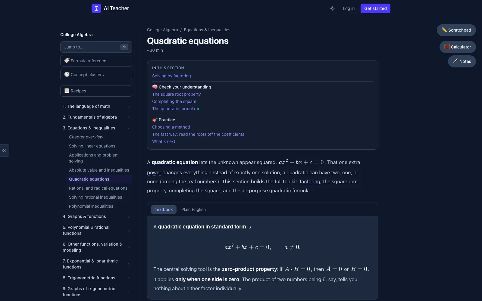The same lesson in Textbook mode in dark theme, stating the zero-product property formally with the chapter sidebar open