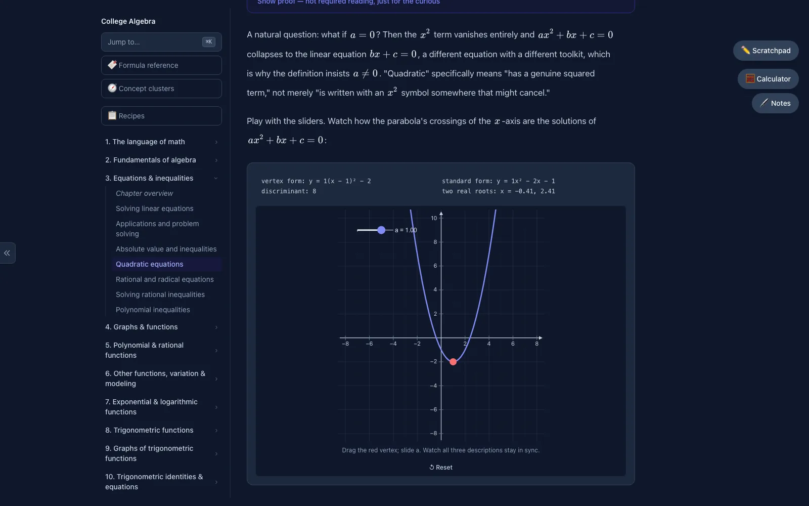 Quadratic Explorer widget with a draggable parabola and live vertex-form, standard-form, and discriminant readouts