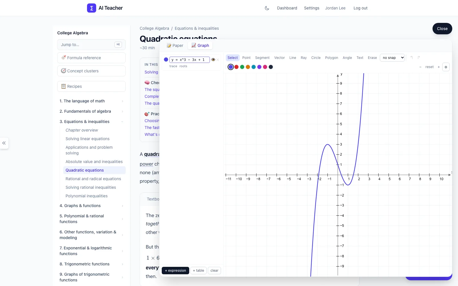 Built-in graphing scratchpad panel plotting a cubic function on a coordinate grid next to the open lesson