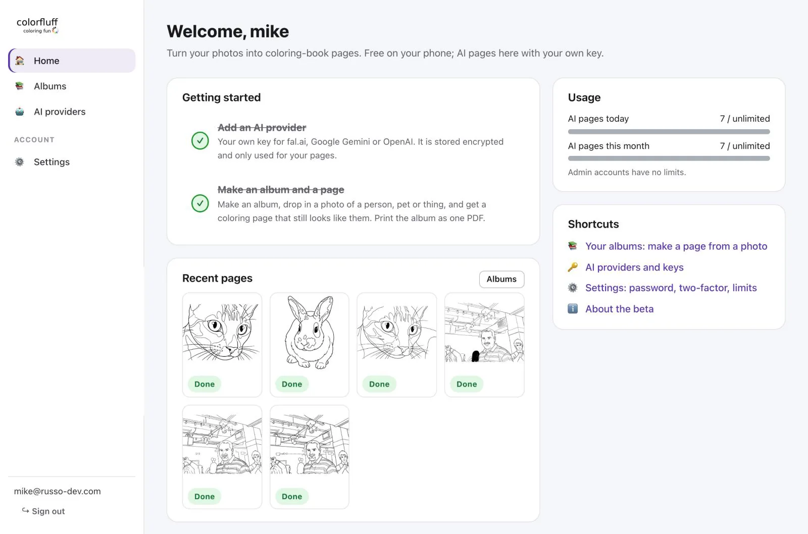 colorFluff web home with getting-started checklist, recent coloring pages, usage counters, and shortcuts