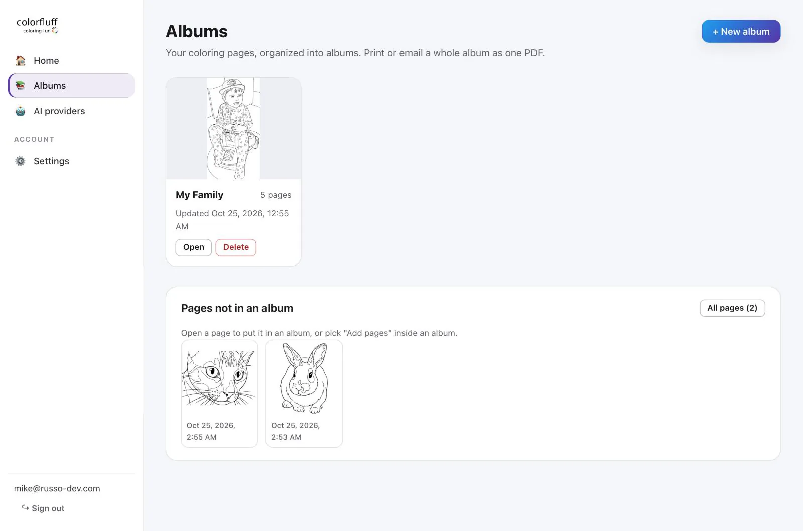 Albums page with a My Family album of five pages and two pages not in an album