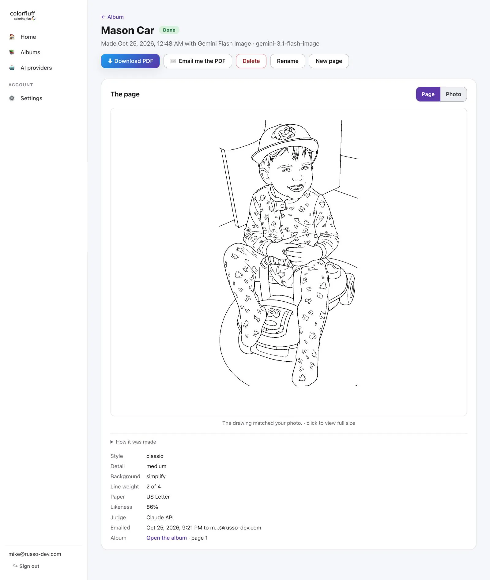 Page details showing a coloring page of a toddler on a ride-on toy with a Page / Photo switch, plus style, detail, background, line weight, paper, likeness, judge, and emailed fields
