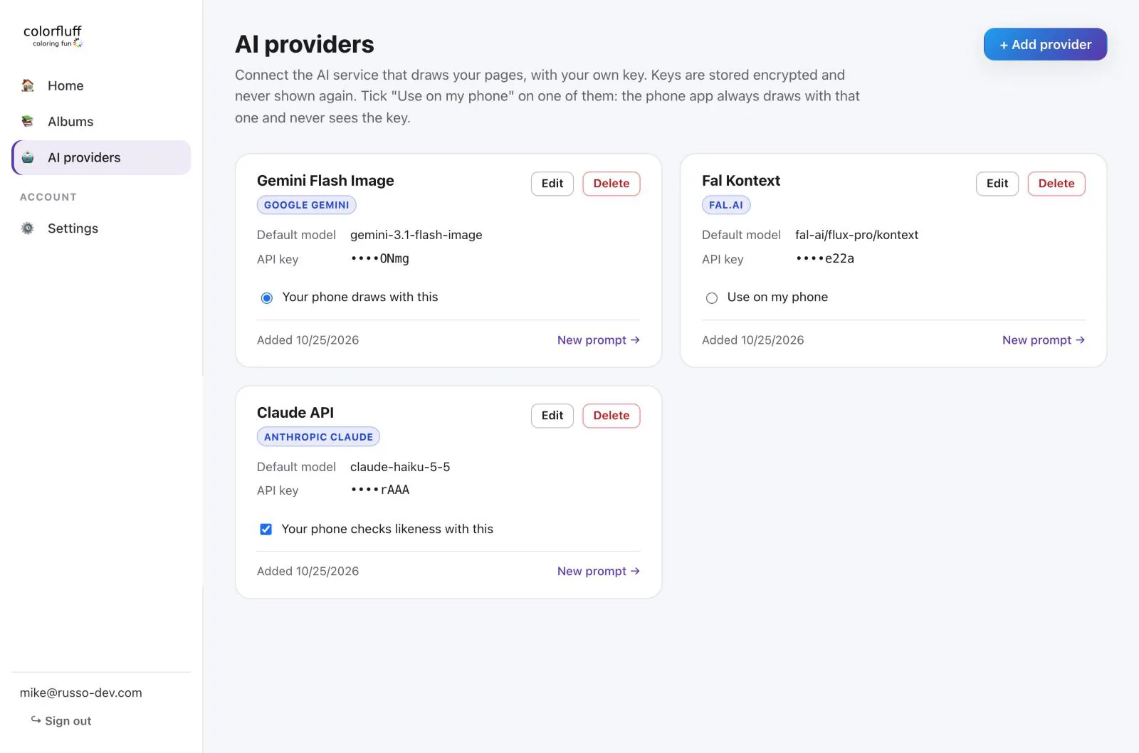 AI providers page with Gemini Flash Image, Fal Kontext, and Claude API cards, masked keys, and phone settings