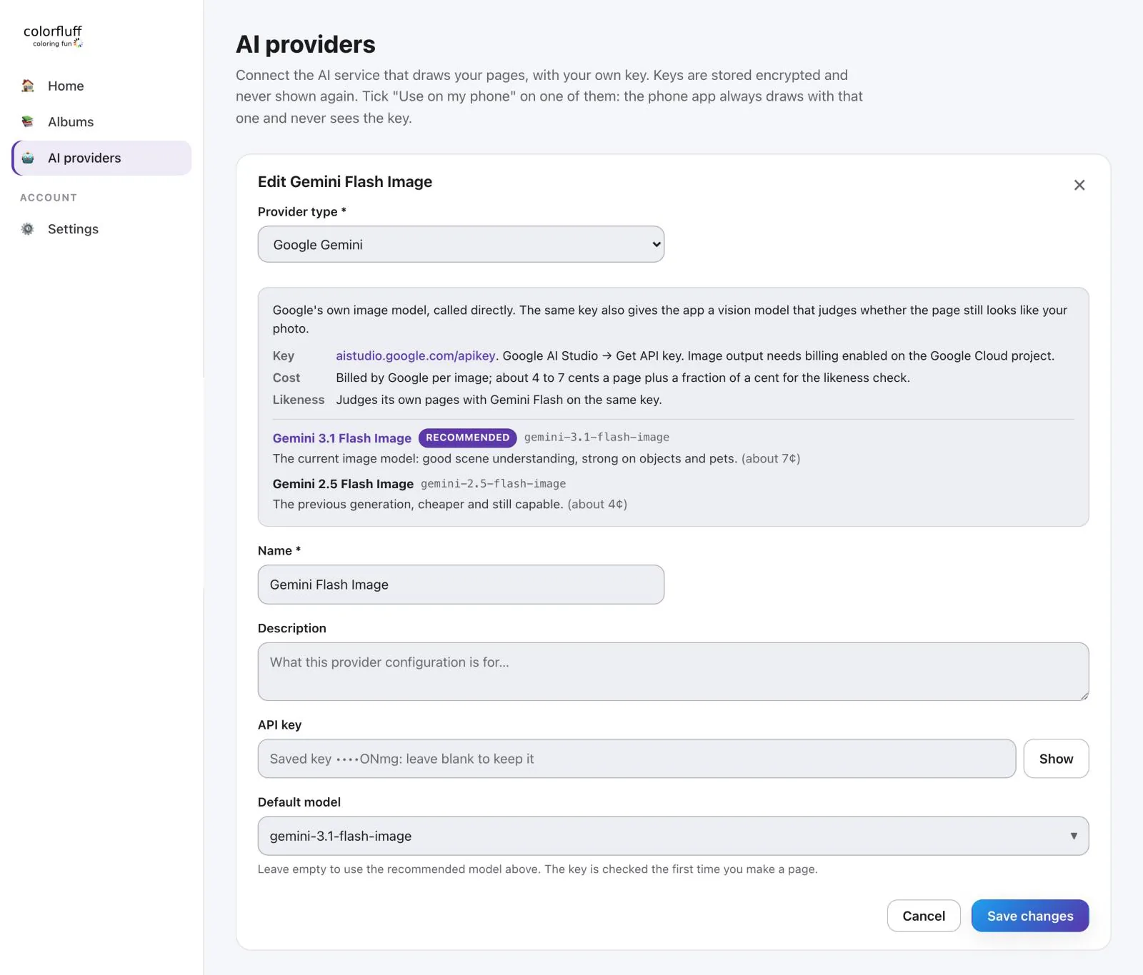 Edit Gemini Flash Image form with provider guidance, model choices with prices, name, masked saved key, and default model