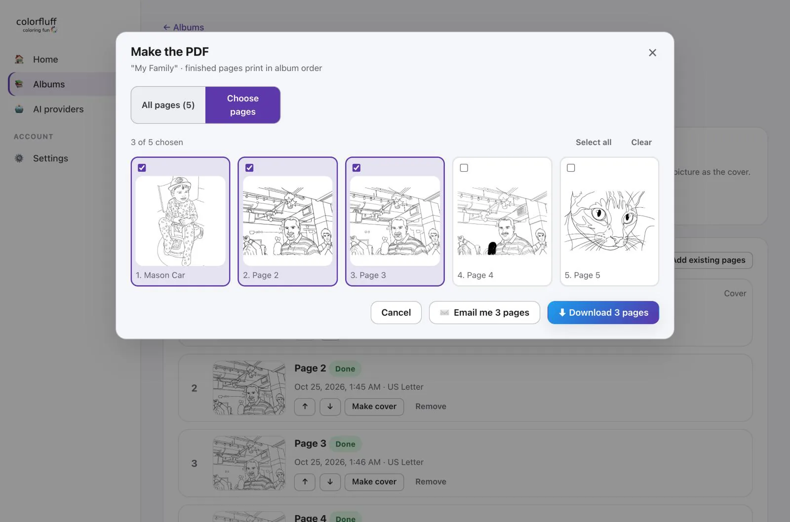 Make the PDF dialog for the My Family album with three of five pages chosen and Email me 3 pages and Download 3 pages buttons