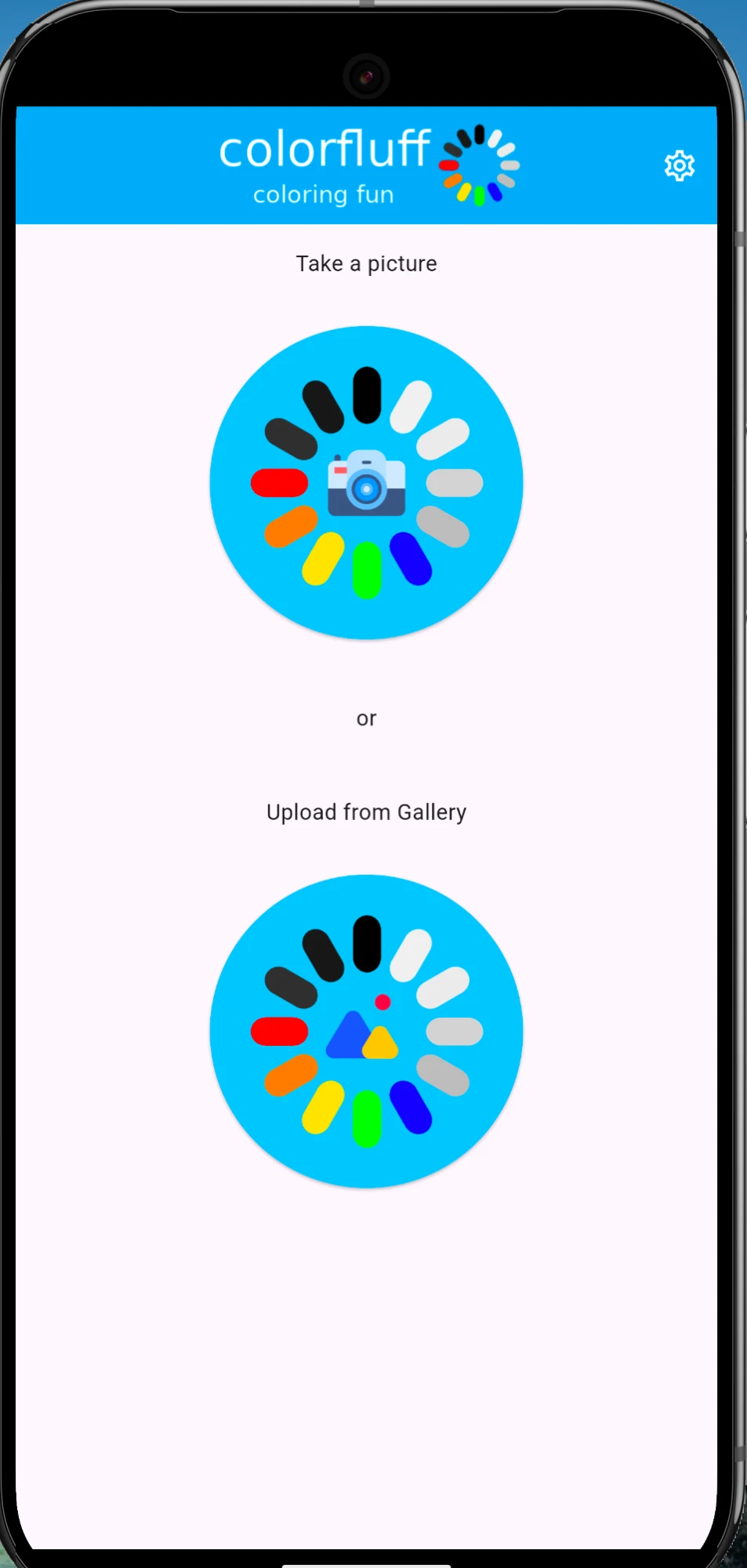 colorFluff phone home screen with Take a picture and Upload from Gallery buttons