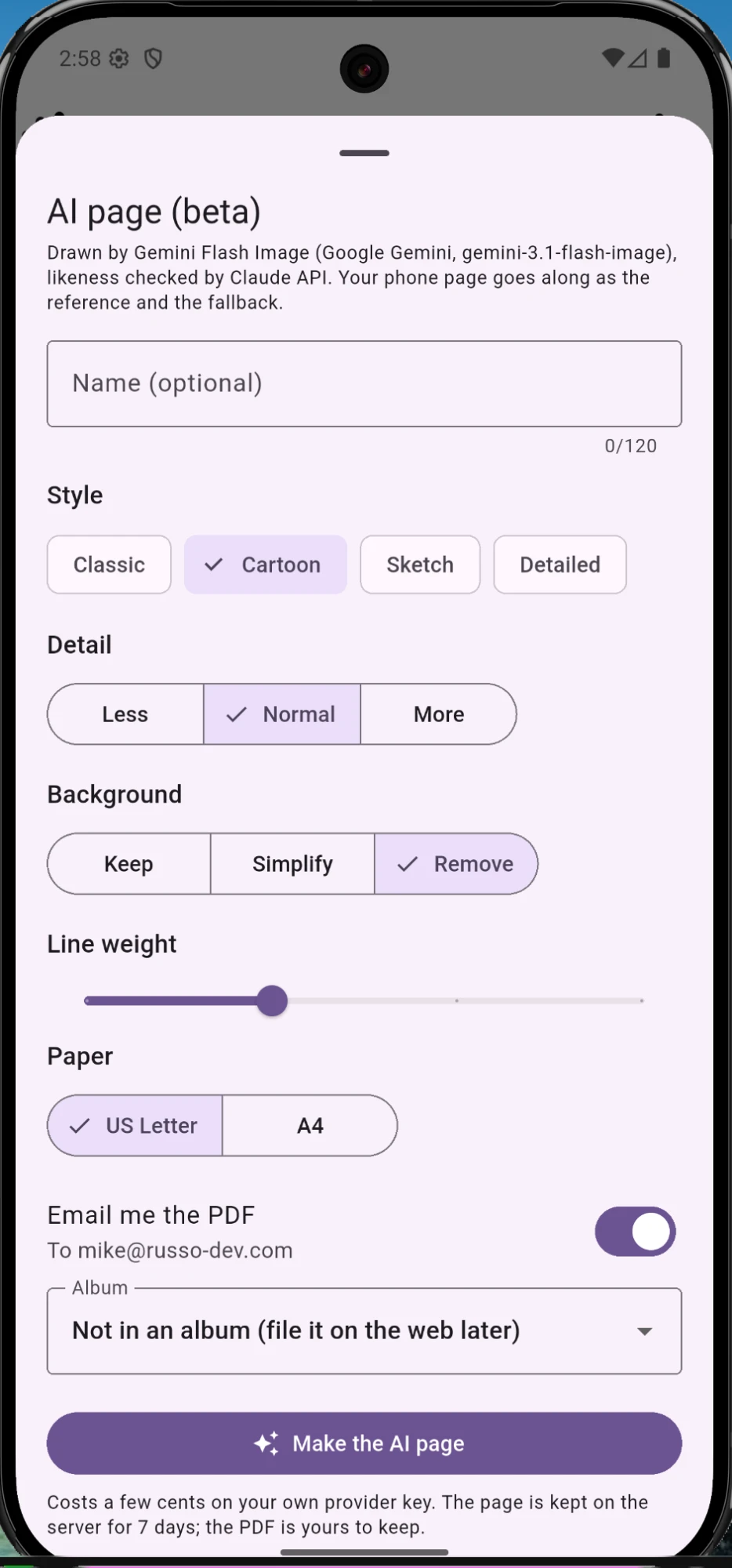 AI page options sheet with Classic, Cartoon, Sketch, and Detailed styles, detail, background, line weight, paper size, email toggle, and album picker