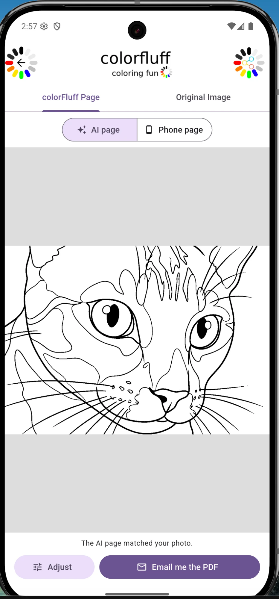 AI-drawn coloring page of a tabby cat with clean outlines, with the note The AI page matched your photo