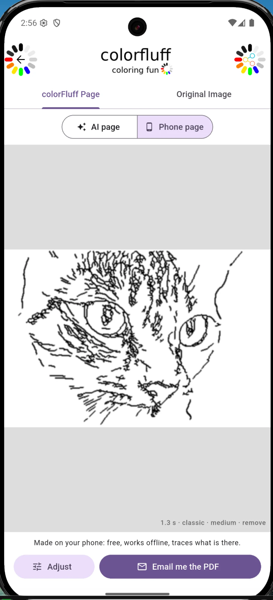 Coloring page of the same cat traced on the phone, made in 1.3 seconds