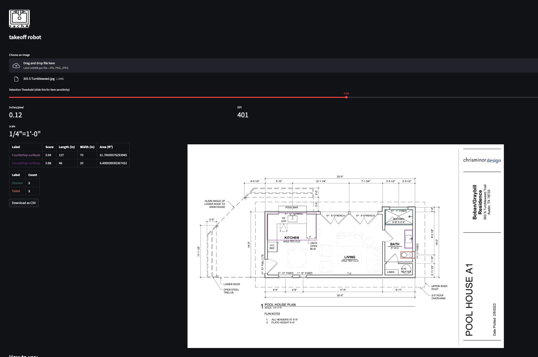 Blueprint detection: pool house plan with detected surfaces