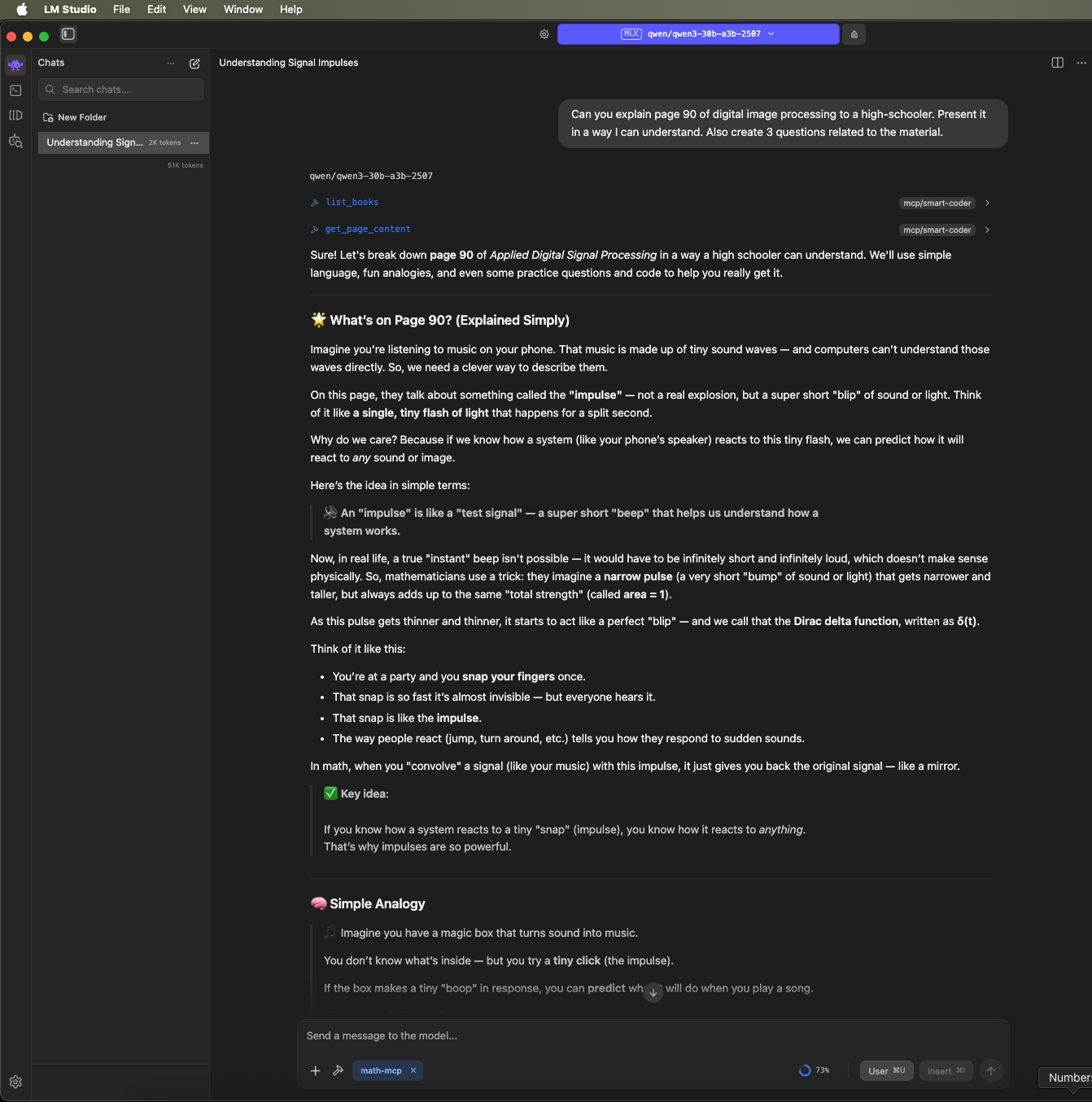 LM Studio chat window showing AI explanation of the math concept