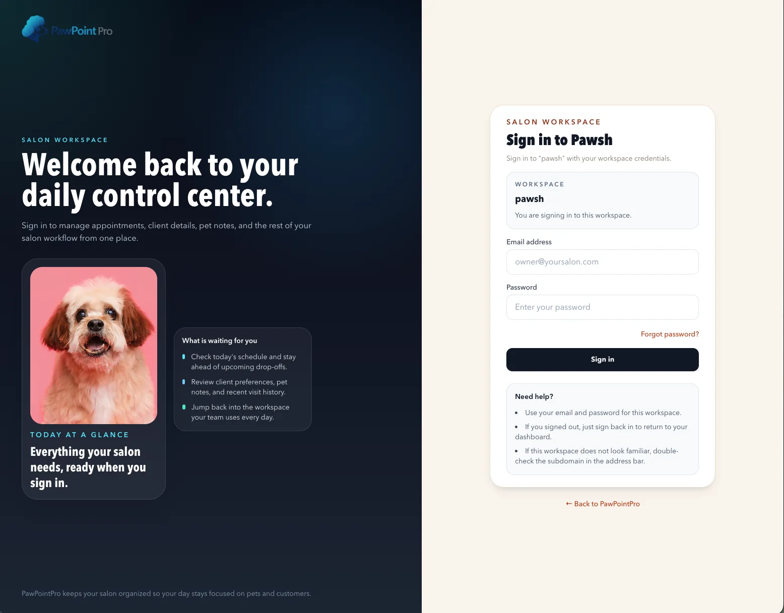 PawPointPro sign-in screen with workspace branding and a salon-scoped login form for the Pawsh tenant