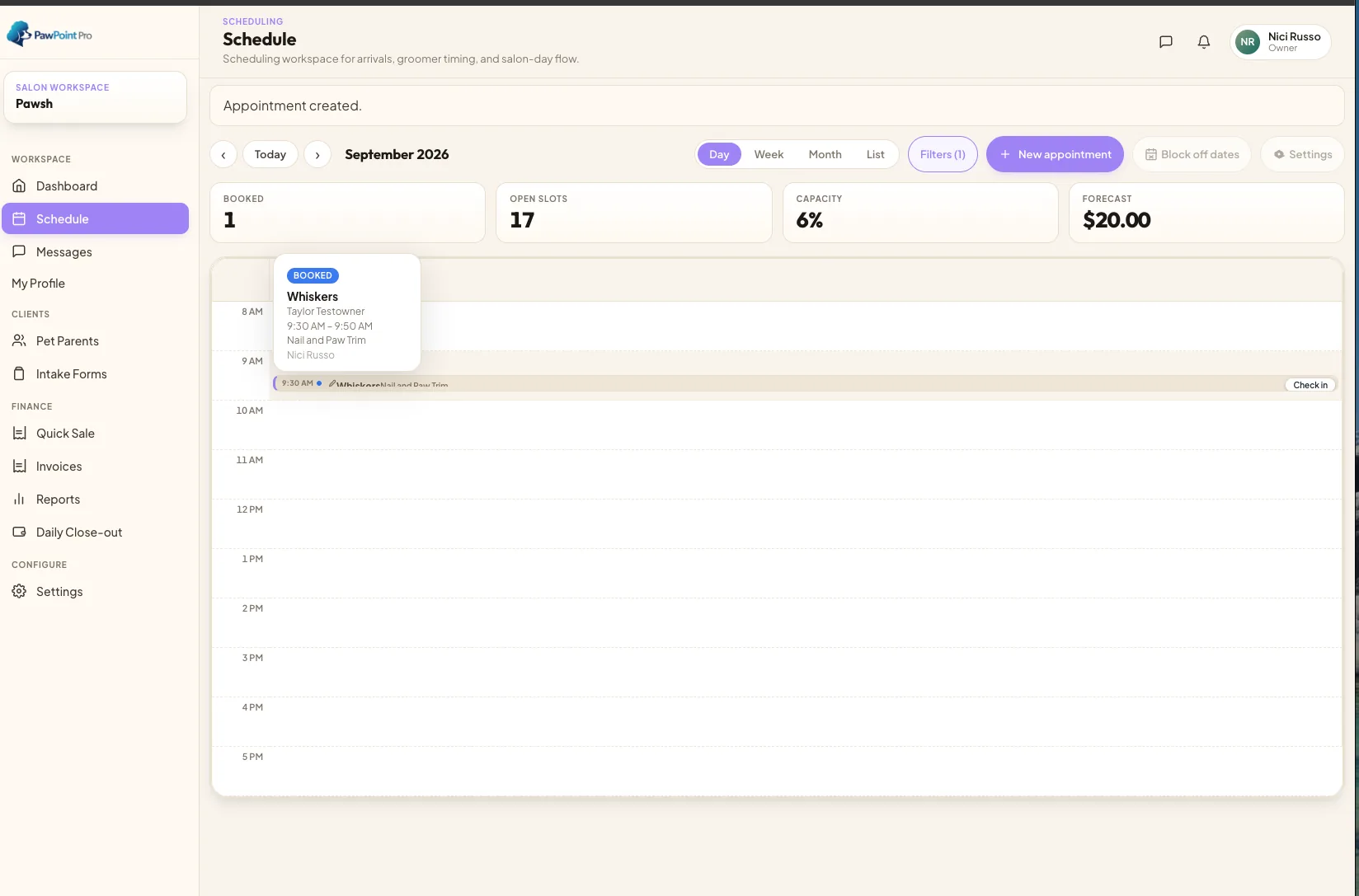 PawPointPro schedule day view with booked count, open slots, capacity percentage, and revenue forecast tiles