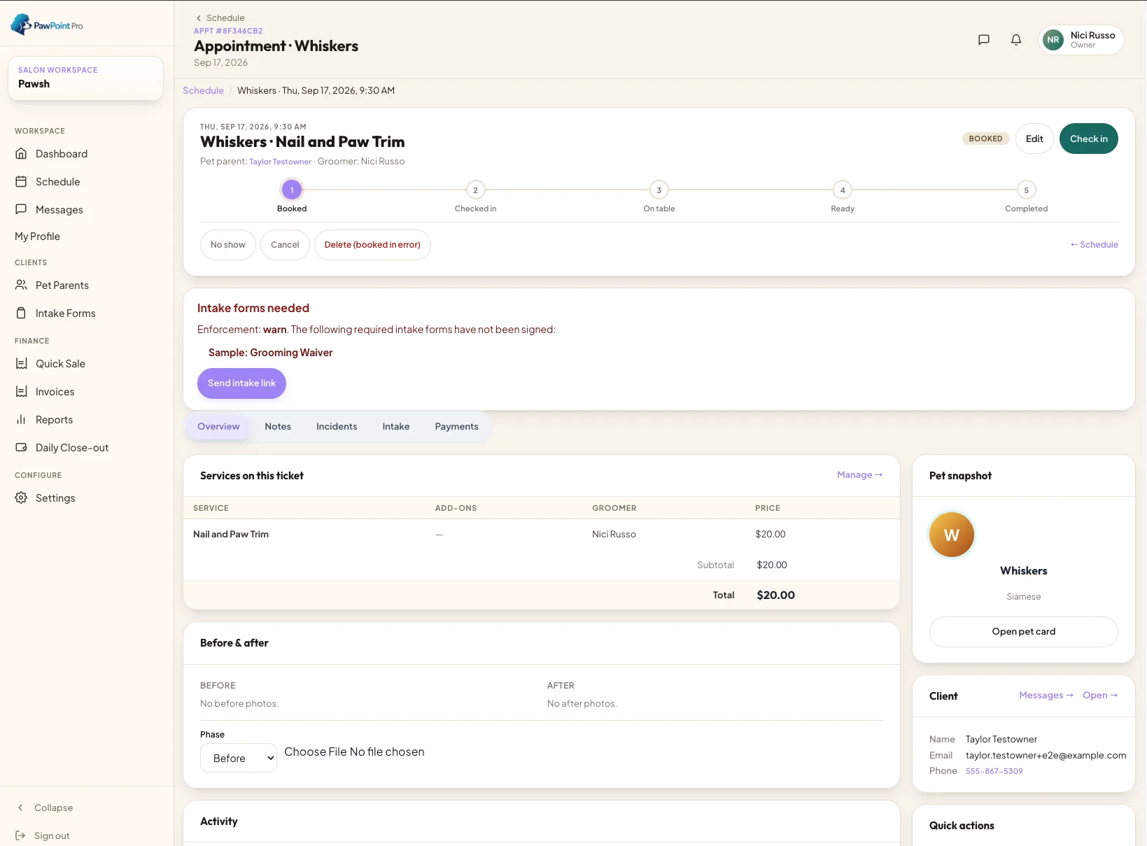 PawPointPro appointment detail page with a Booked to Completed status stepper, services table, and an intake-form-needed warning
