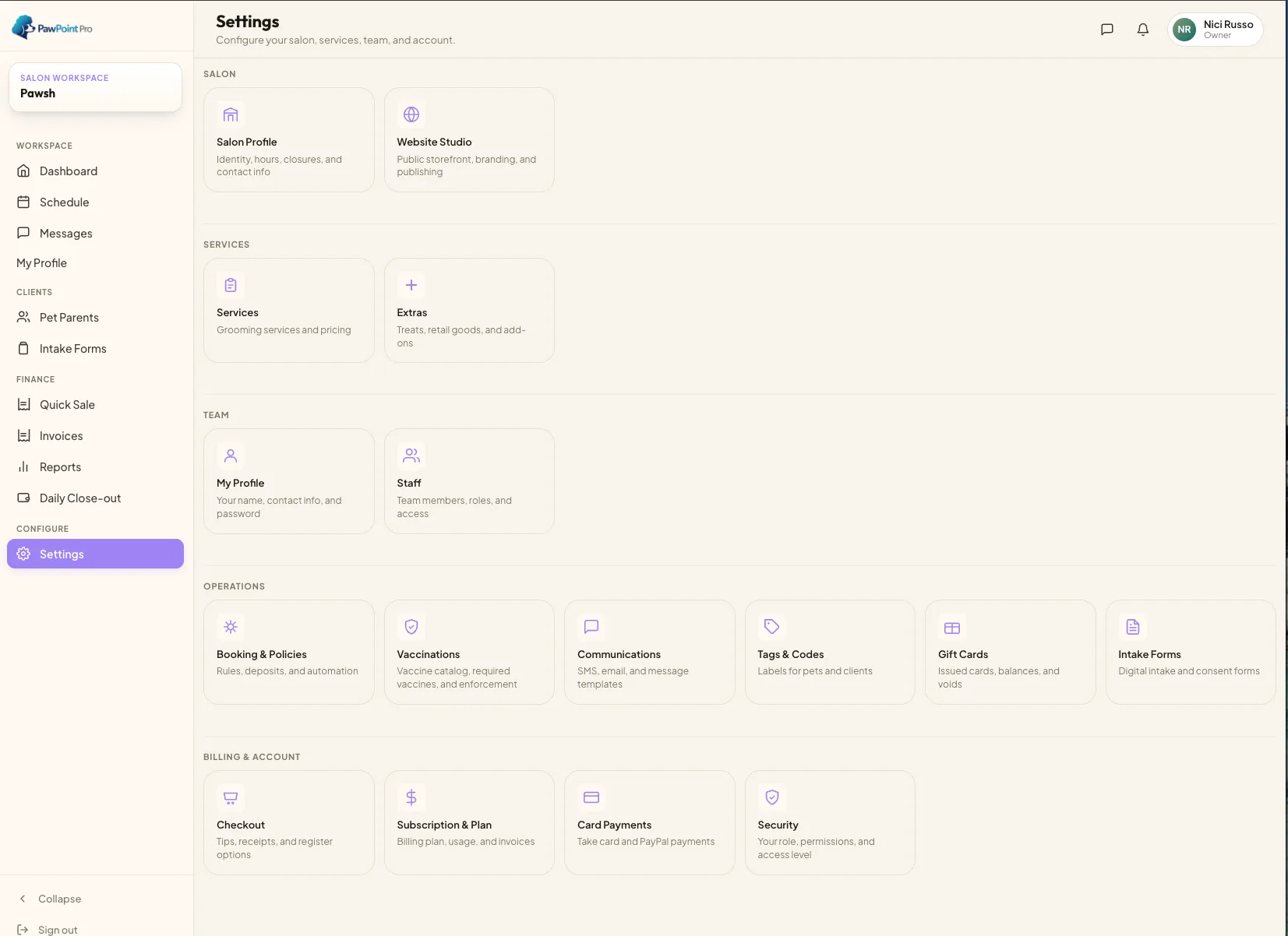 PawPointPro settings hub with cards grouped under Salon, Services, Team, Operations, and Billing & Account