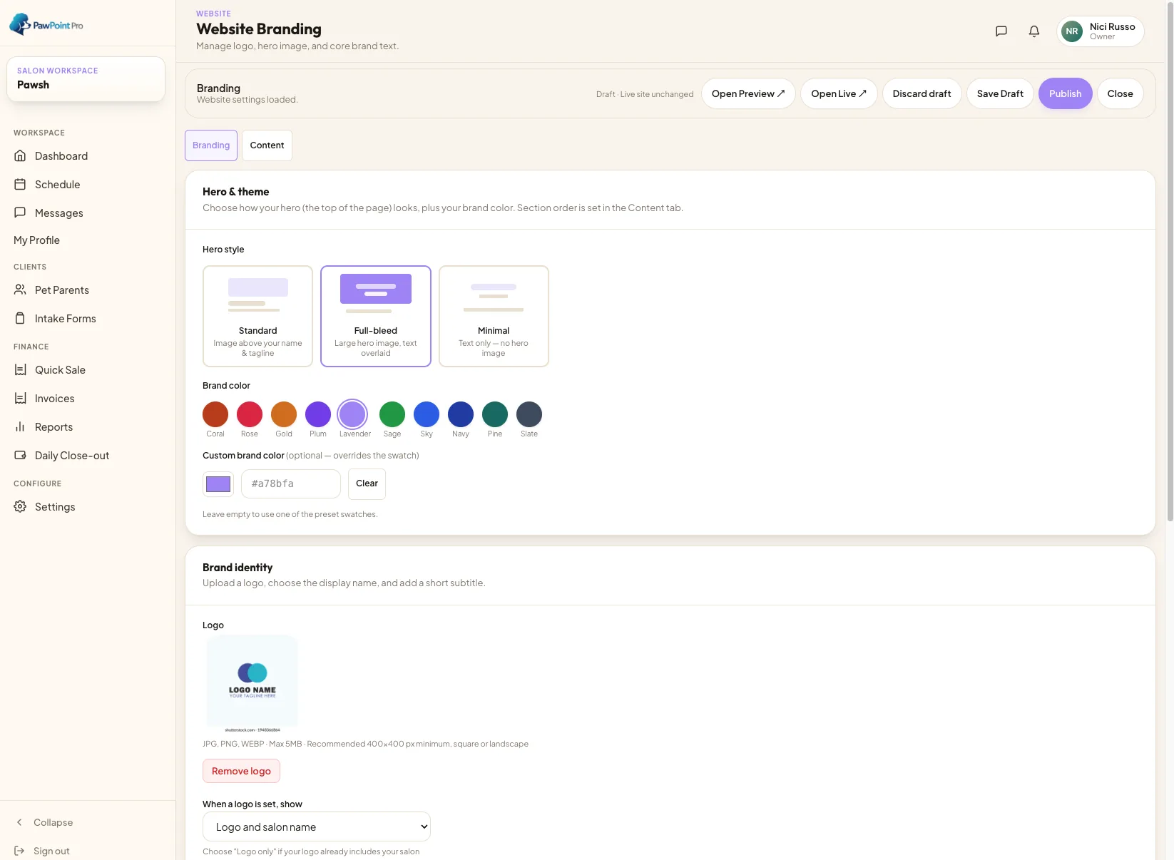 PawPointPro Website Studio branding editor with hero style options, brand color swatches, custom hex input, and logo upload