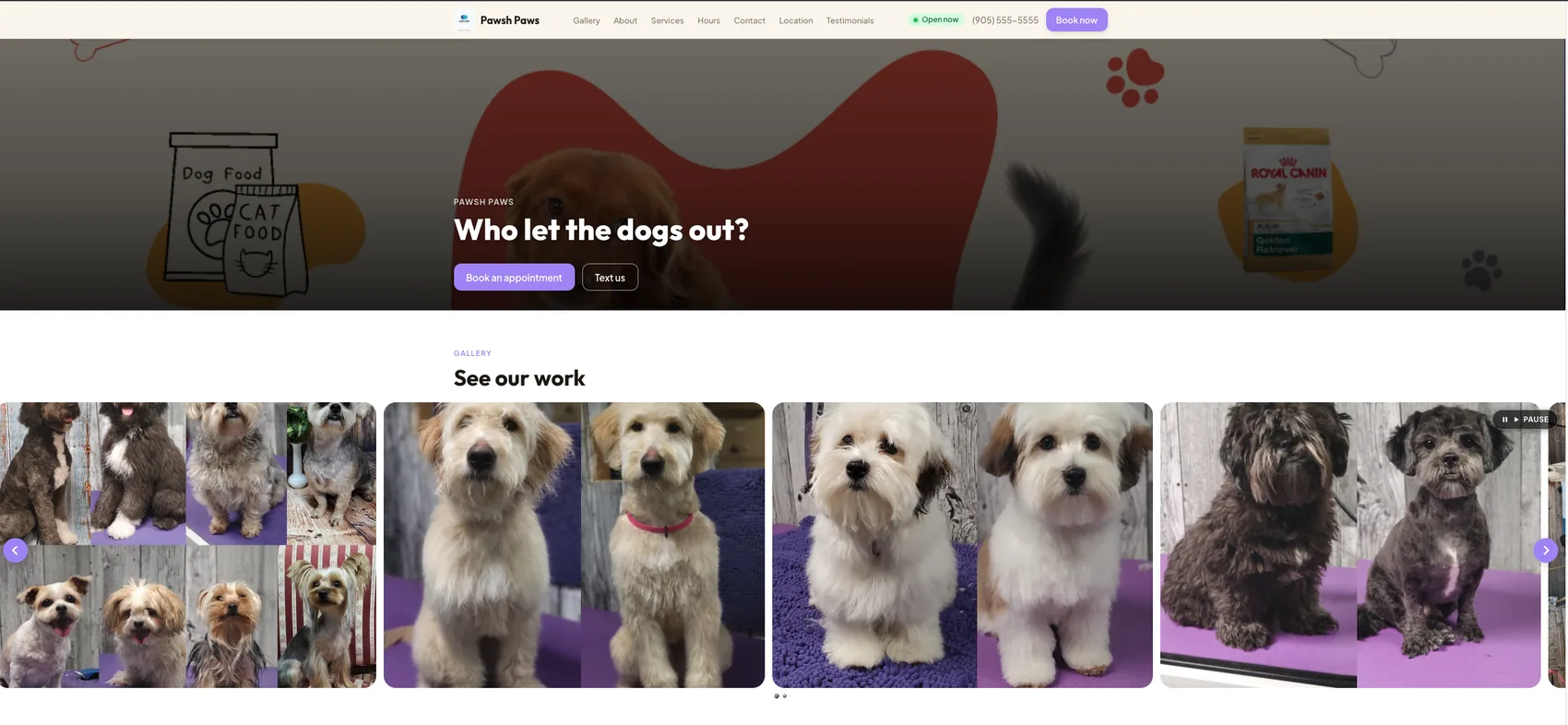 Published PawPointPro tenant storefront for a dog grooming salon with hero section, open-now badge, booking CTAs, and a work gallery carousel