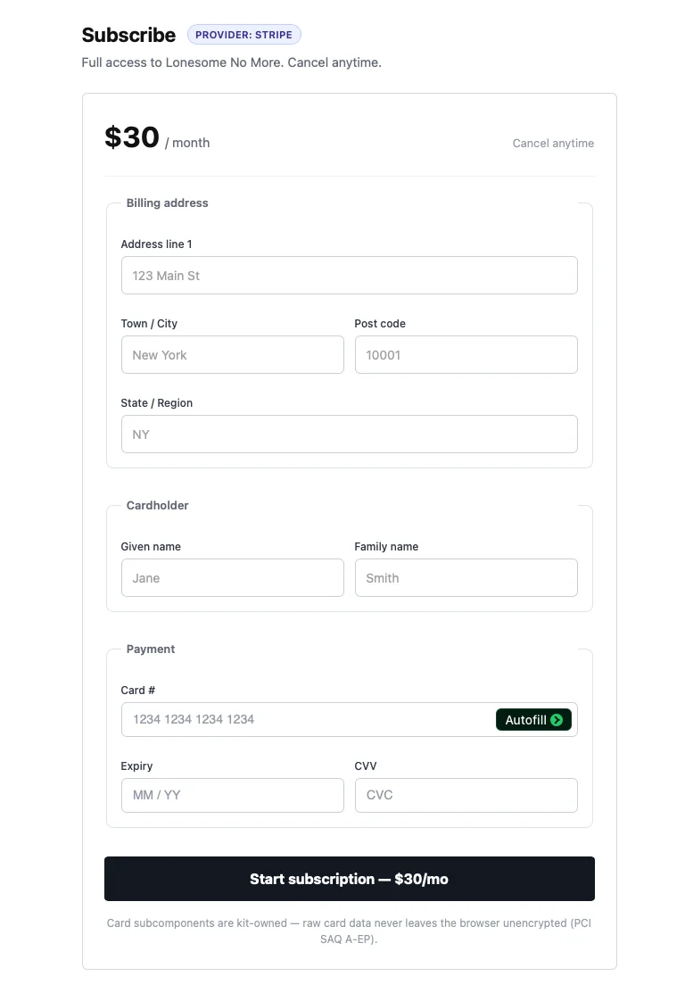 Subscribe form labeled Provider: Stripe with billing address, cardholder name, card number, expiry, and CVC fields