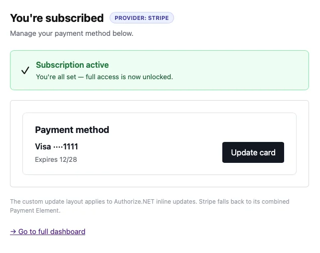 You're subscribed screen with a Subscription active banner and a Visa ending 1111 payment method