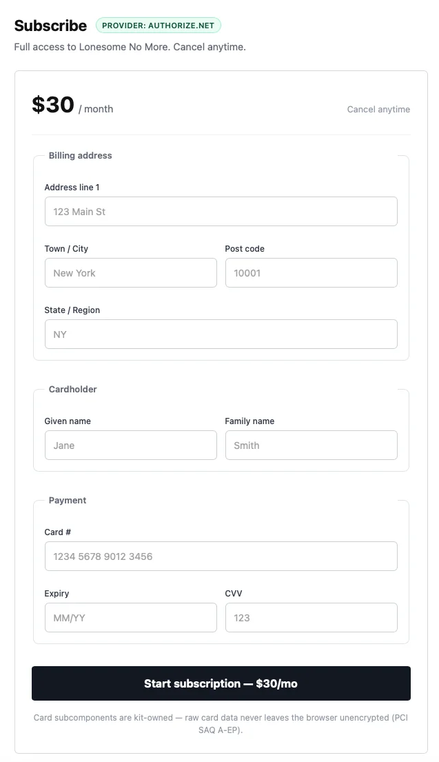 Subscribe form labeled Provider: Authorize.net with the same billing address, cardholder, and card fields