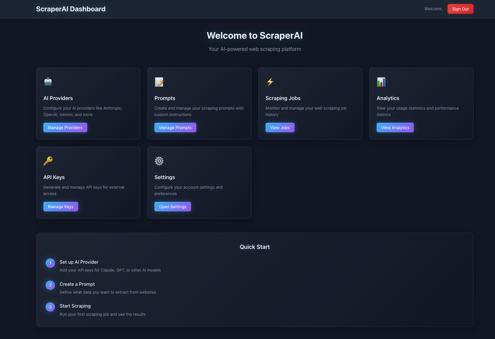 ScraperAI dashboard with cards for AI Providers, Prompts, Scraping Jobs, Analytics, API Keys, and Settings