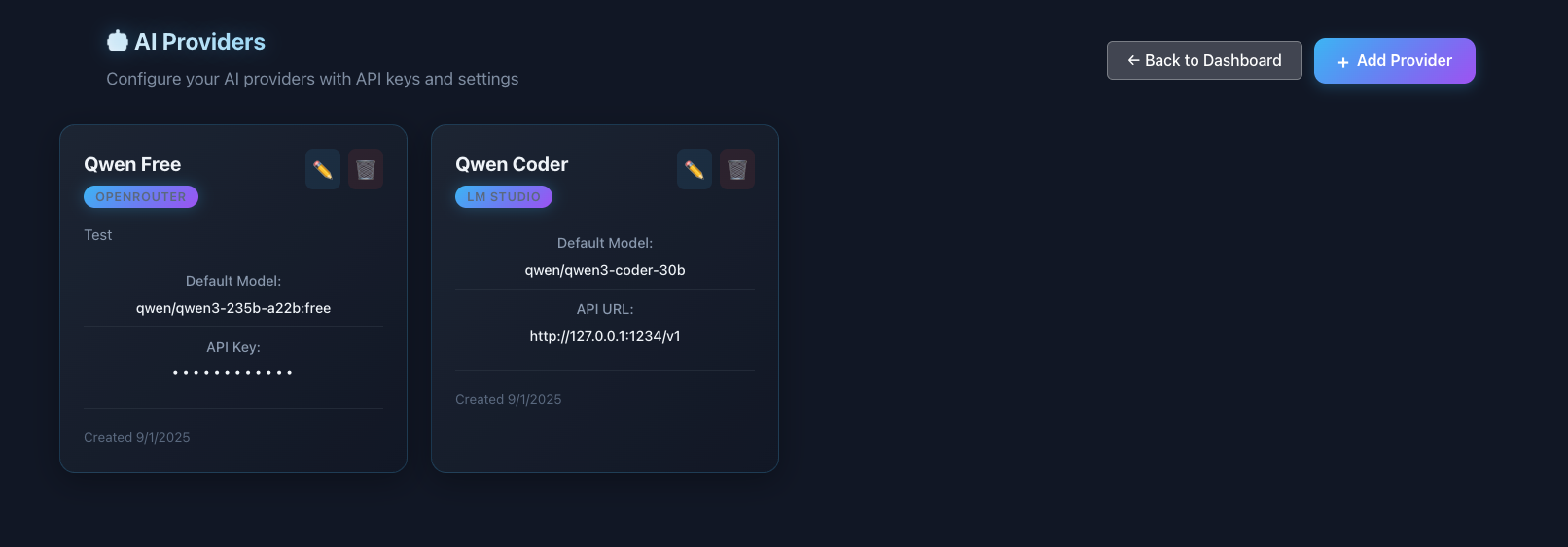 AI Providers screen showing Qwen Free (OpenRouter) and Qwen Coder (LM Studio) cards