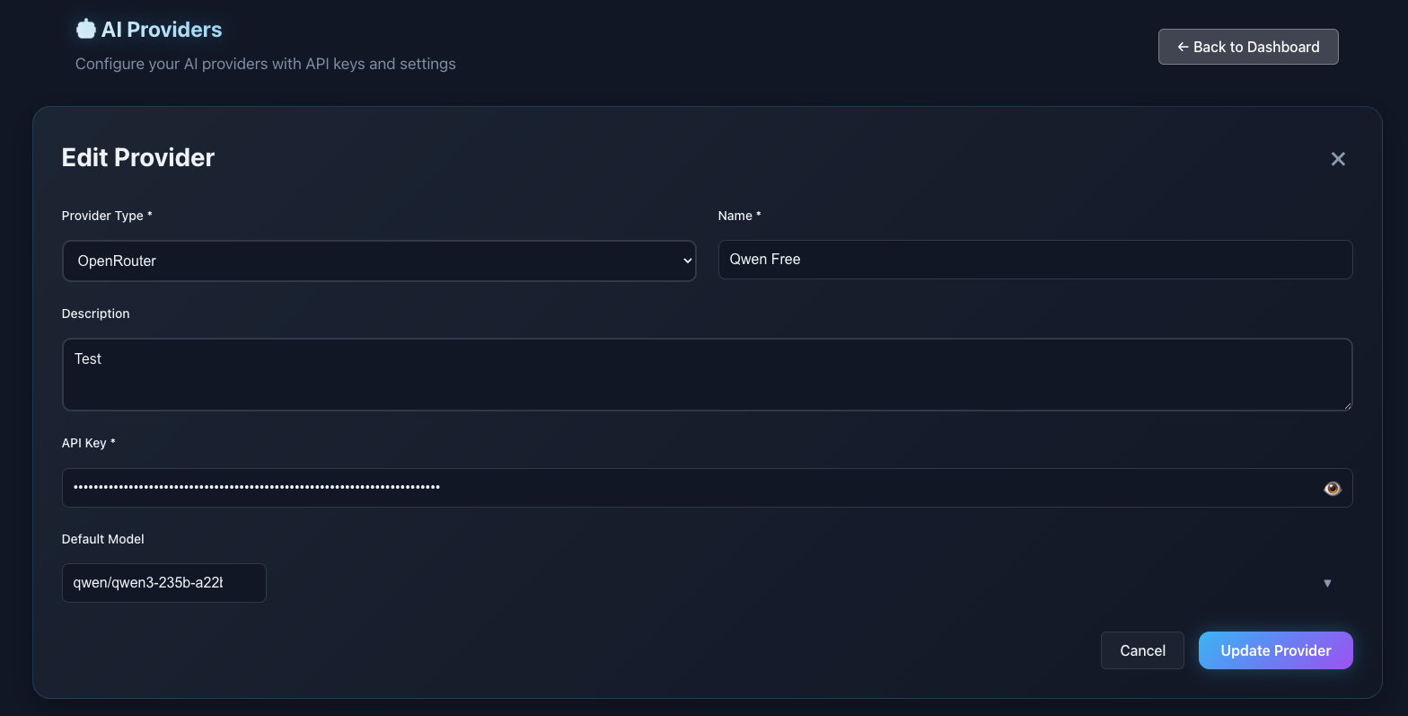 Edit Provider modal with fields for Provider Type, Name, Description, API Key, and Default Model