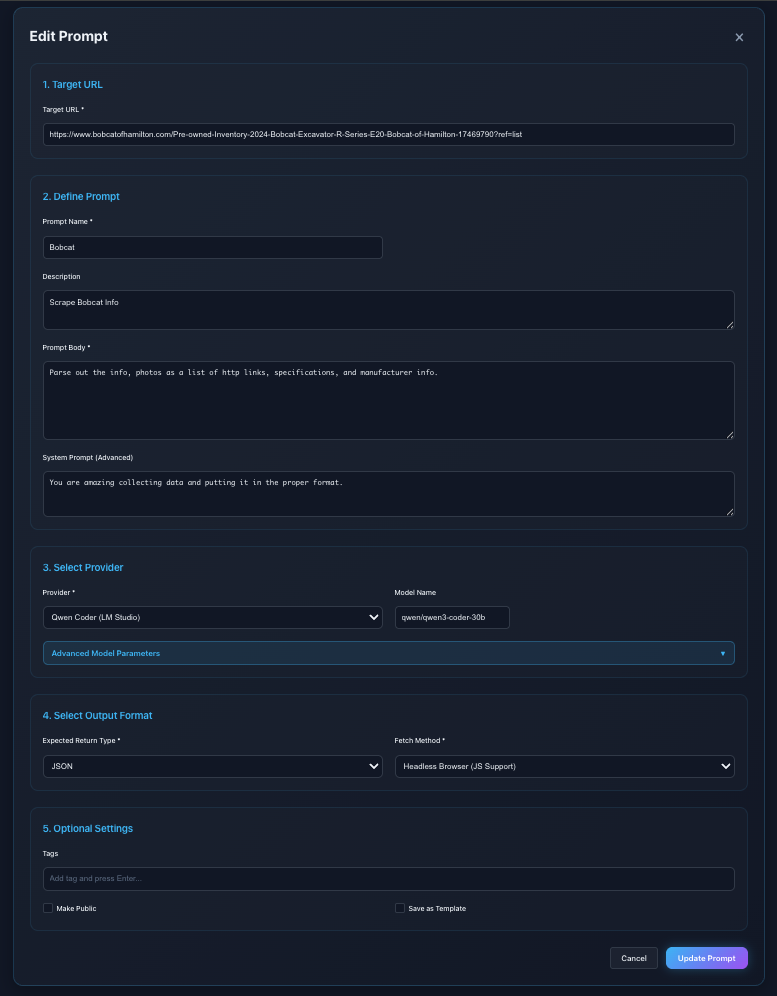Edit Prompt form with Target URL, Prompt Body, System Prompt, Provider selection, Output Format, and Fetch Method