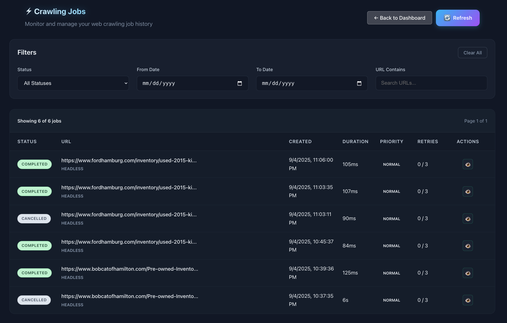 Crawling Jobs table showing 6 jobs with status badges, URLs, timestamps, and duration metrics