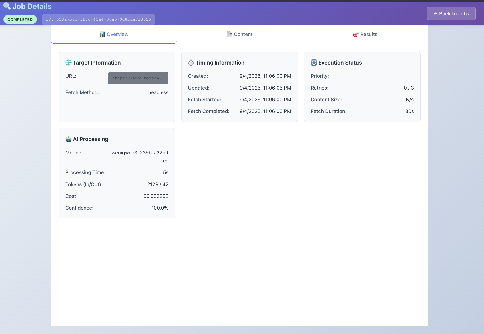 Job Details overview showing Target Information, Timing, Execution Status, and AI Processing cards