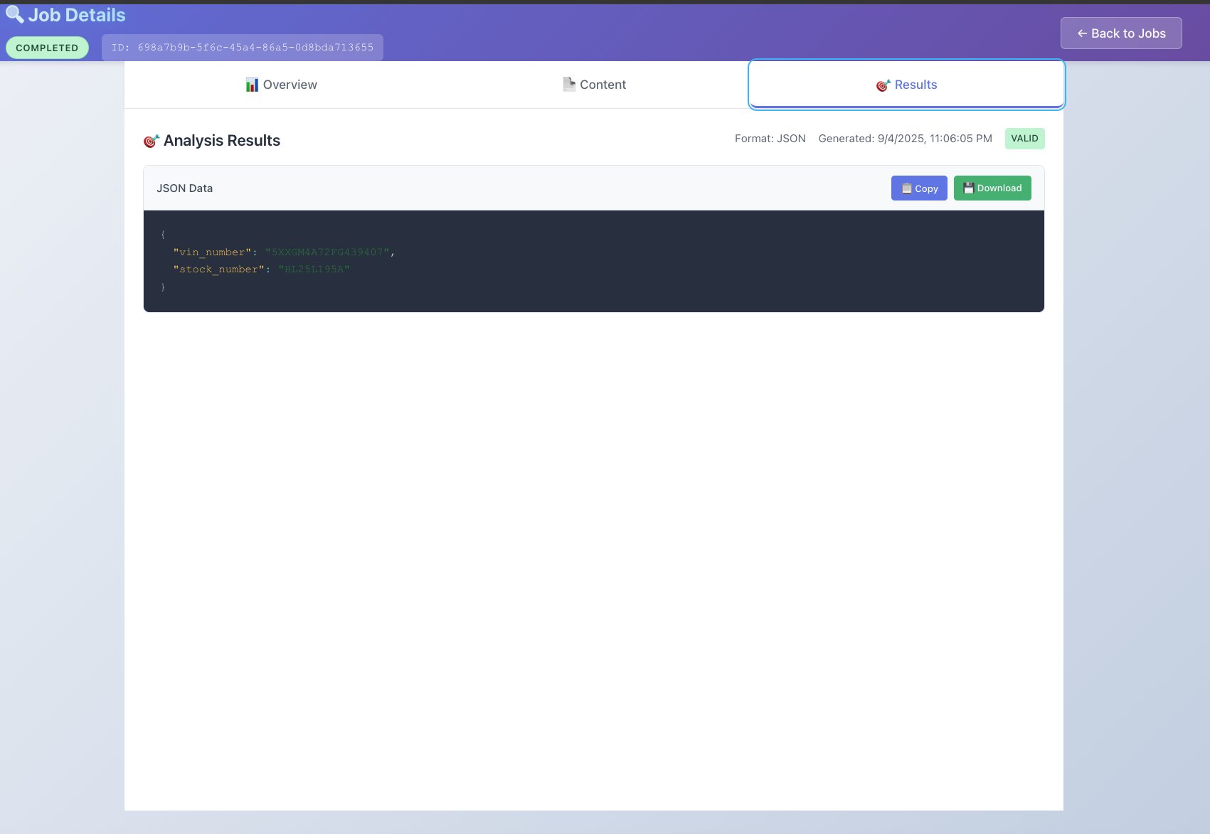 Analysis Results tab showing validated JSON output with vin_number and stock_number fields