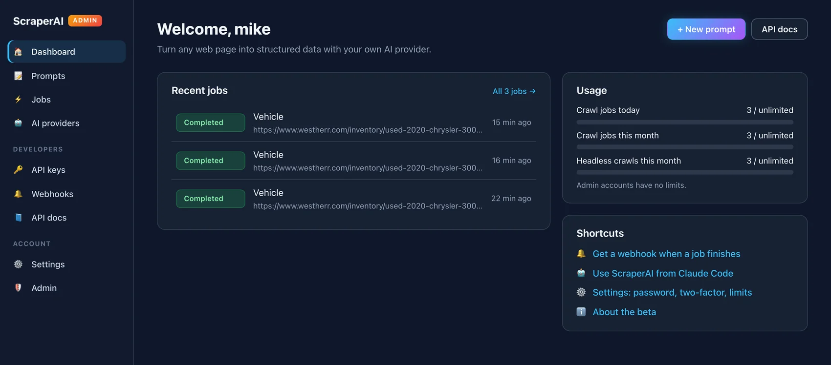 ScraperAI dashboard with recent completed jobs, usage counters, and shortcuts