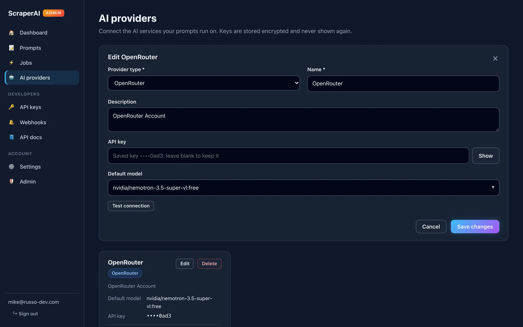 Edit OpenRouter provider form with provider type, saved key hint, default model, and Test connection button