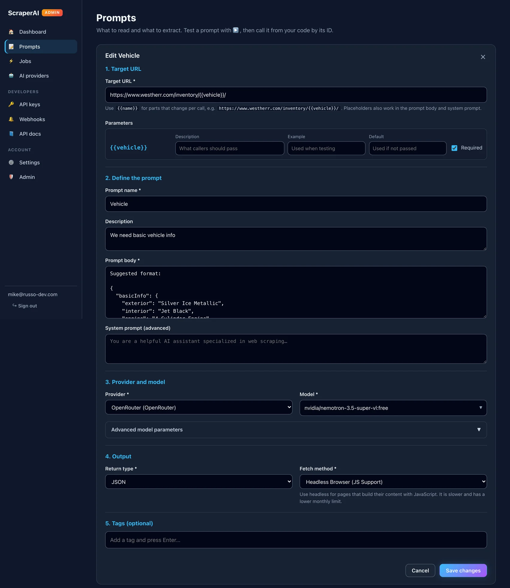 Edit prompt form with target URL parameter, prompt body, provider and model, return type, and headless fetch method