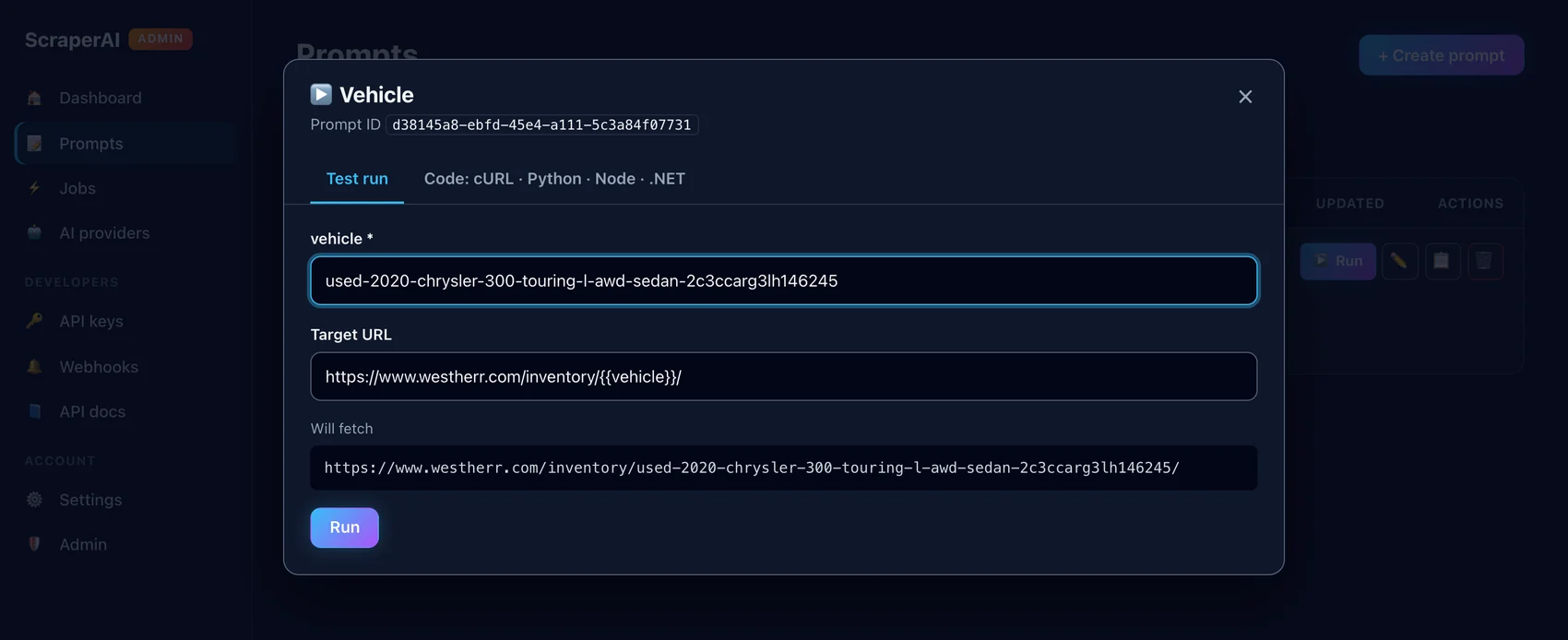 Test run dialog with the vehicle parameter filled in and the resolved West Herr URL shown under Will fetch