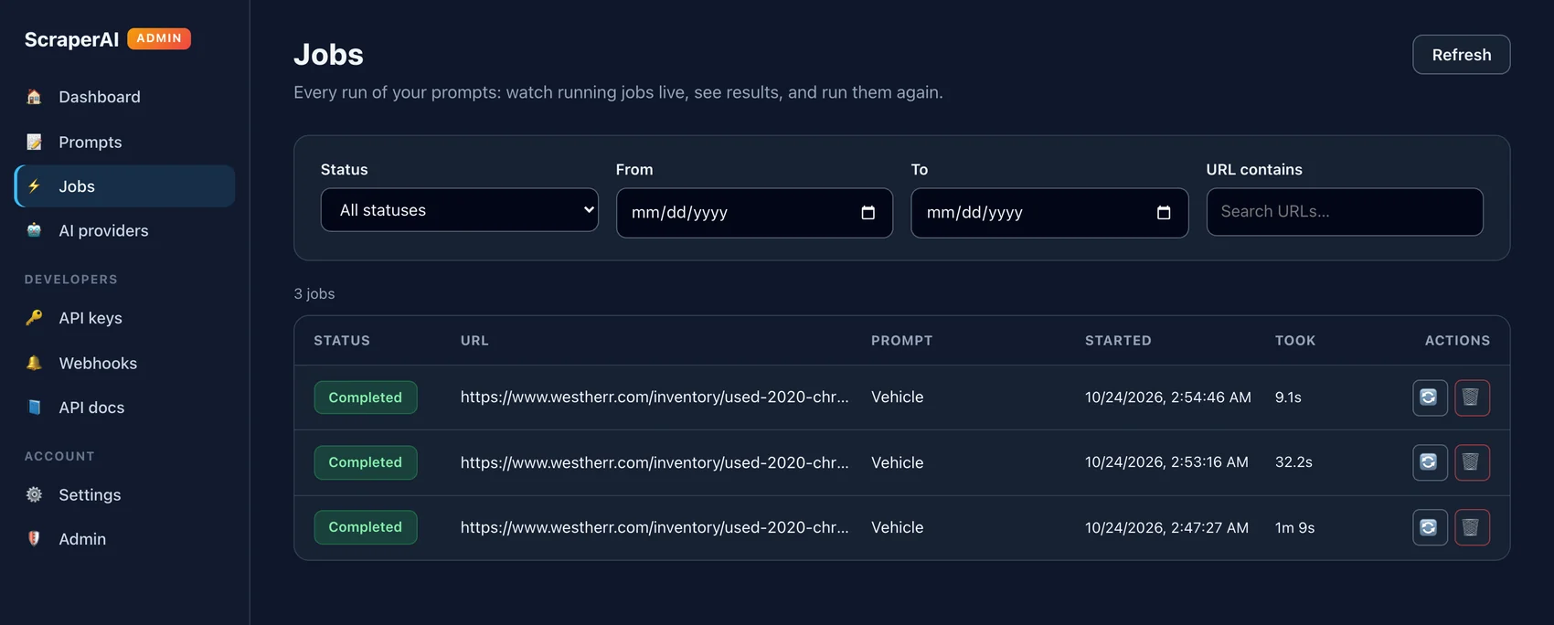 Jobs table with three completed runs, status and date filters, and run-again actions