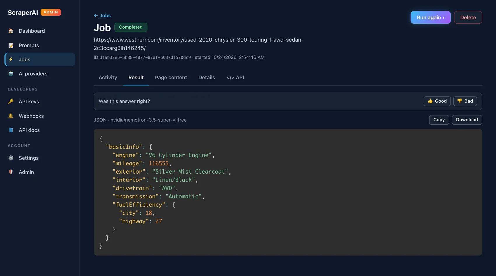 Job result tab showing JSON with engine, mileage, colors, drivetrain, transmission, and fuel economy