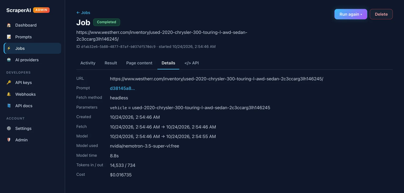 Job details tab listing URL, headless fetch, vehicle parameter, timings, model, 14,533 / 734 tokens, and cost