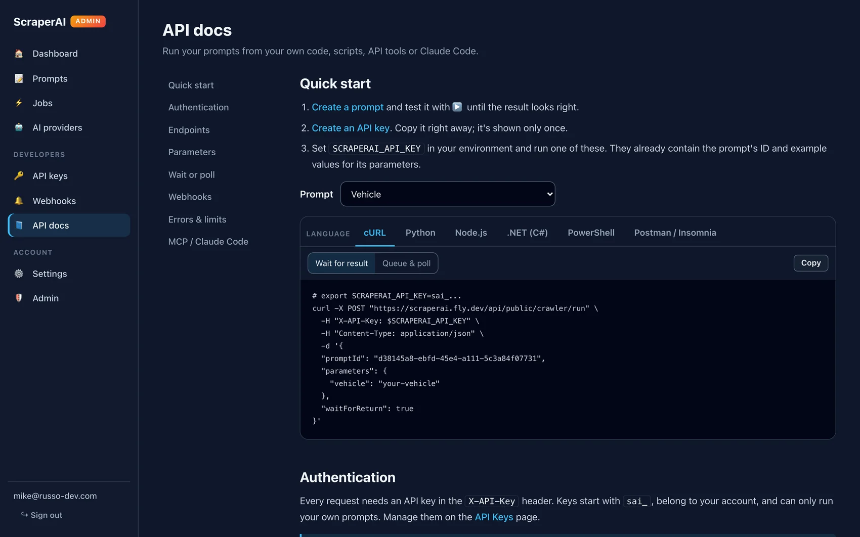 API docs quick start with language tabs and a generated cURL call for the Vehicle prompt