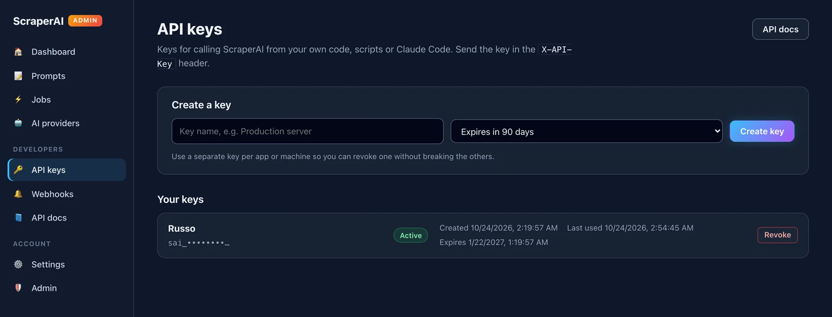 API keys page with a create-key form and one active key with expiry and last-used dates
