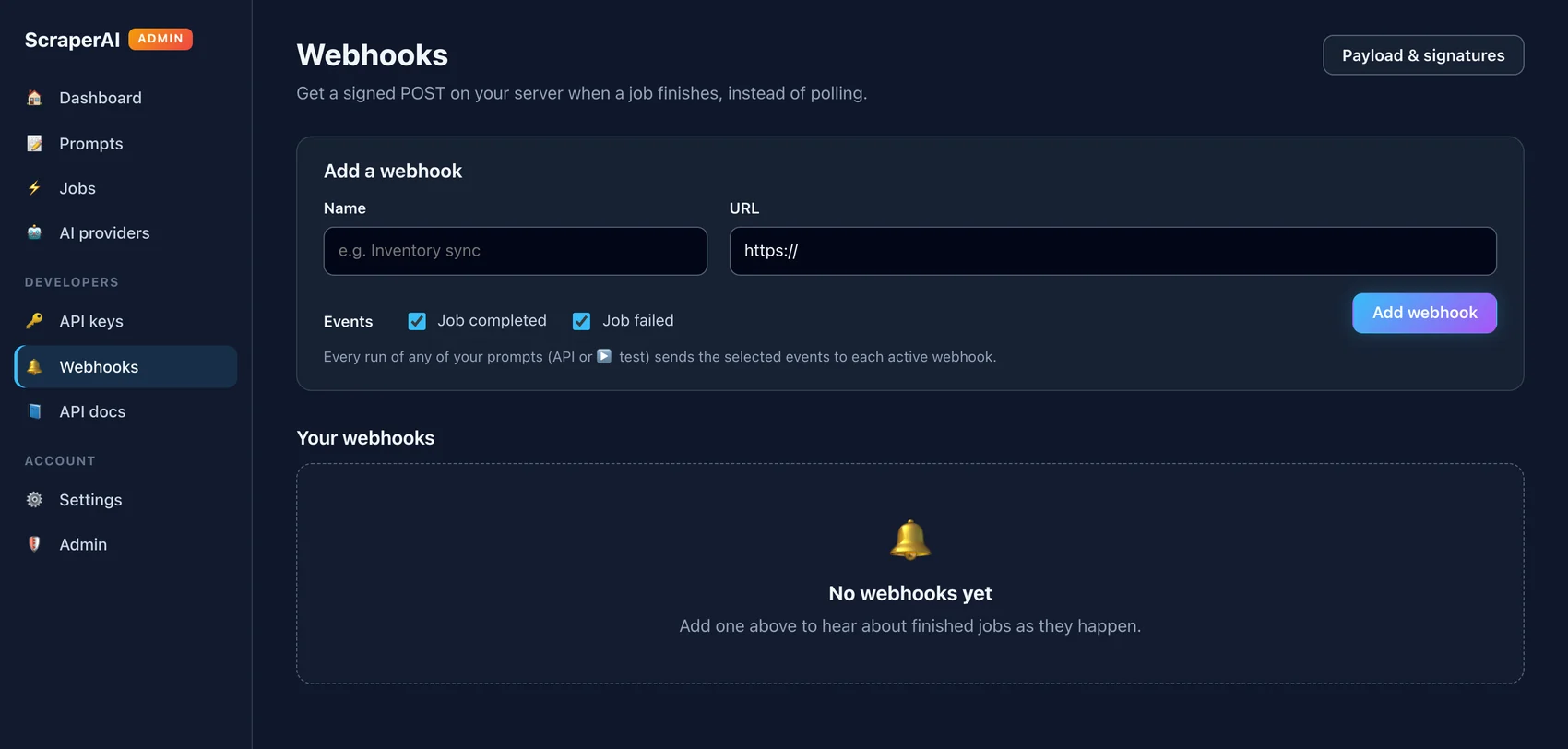 Webhooks page with name, URL, and job completed and job failed event options