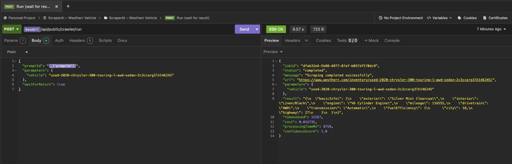Insomnia request to /api/public/crawler/run with a vehicle parameter and a completed JSON response with tokens, cost, and confidence score